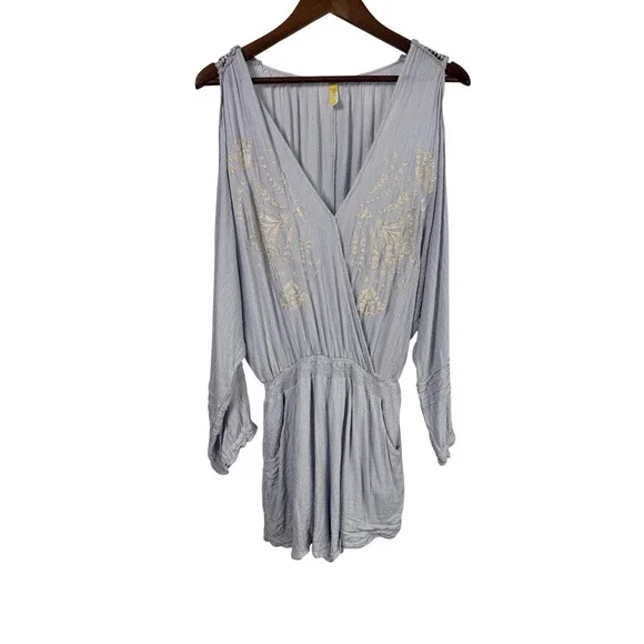 Free People Women Small White Floral Cold Shoulder V-Neck Purple Romper Jumpsuit - Picture 2 of 9